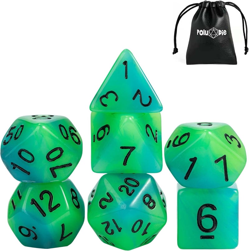 Poludie Glow in The Dark DND Dice, 7Pcs Luminous Polyhedral Die Set with Leather Die Bag, Glowing D&D Dice for RPG Table Games(Green Blue) - Image 1